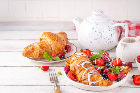 Sweet breakfast croissant french toasts, with vanilla cream cheese glaze. Golden french toasts made...