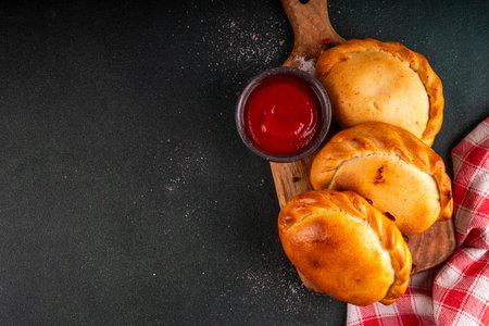 Homemade golden baked hand pies, with filling. Italian closed pizza calzone, empanadas, pierogies. Mini puff pastry or hand pies filled with sweet or savory stuffing.の写真素材