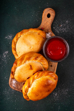 Homemade golden baked hand pies, with filling. Italian closed pizza calzone, empanadas, pierogies. Mini puff pastry or hand pies filled with sweet or savory stuffing.の写真素材
