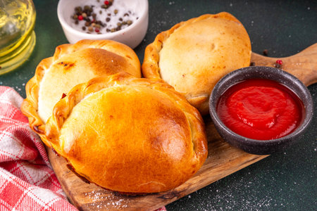 Homemade golden baked hand pies, with filling. Italian closed pizza calzone, empanadas, pierogies. Mini puff pastry or hand pies filled with sweet or savory stuffing.の写真素材