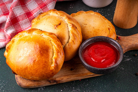 Homemade golden baked hand pies, with filling. Italian closed pizza calzone, empanadas, pierogies....