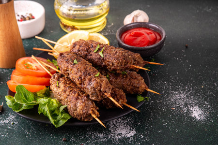 Shish kebab on stick, made from ground beef meat. Lula kebab, traditional Caucasian dish, with ketchup, spices and vegetable salad, barbecue grill cooking background copy space aboveの写真素材