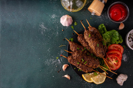 Shish kebab on stick, made from ground beef meat. Lula kebab, traditional Caucasian dish, with...