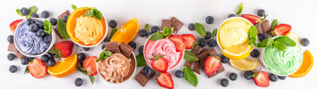 Frozen yogurt assortment. Soft creamy ice cream with chocolate, vanilla, berry, fruit flavors....