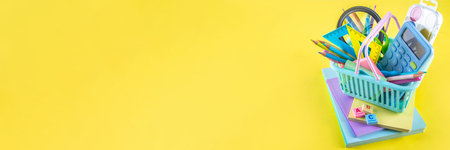 Back to school colorful background containing various school supplies, education accessories for...