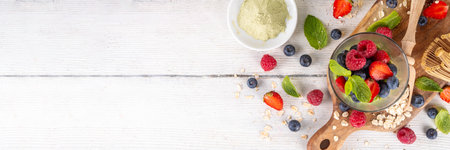 Overnight matcha oatmeal, sweet tasty oats with yogurt or non-dairy creamer, with fresh...