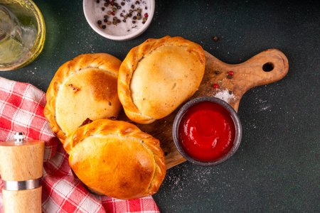 Homemade golden baked hand pies, with filling. Italian closed pizza calzone, empanadas, pierogies. Mini puff pastry or hand pies filled with sweet or savory stuffing.の写真素材