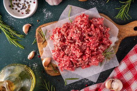 Ground beef, minced meat ready for cooking dinner. Food cooking background with raw minced meat,...