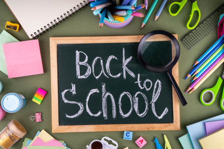 School equipment flat lay. Various school education and office supplies, accessories. Back to school...