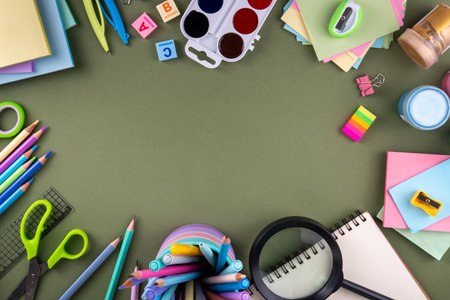 School equipment flat lay. Various school education and office supplies, accessories. Back to school...