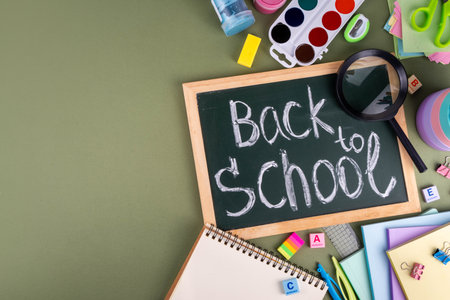 School equipment flat lay. Various school education and office supplies, accessories. Back to school...