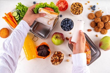 School healthy food for children. Preparing homemade balanced healthy lunch box for schooler, with...