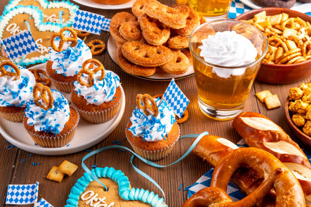 Oktoberfest festive food, with various snacks, sweets, desserts, pretzels, beer jelly, gingerbread cookies hearts, salted crackers, popcorn, jam donuts, cupcakes. Oktoberfest brunch menu backgroundの写真素材