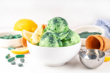 Vegan protein and superfood dessert, Frozen spirulina smoothie, green spirulina ice cream in ceramic bowl, sweet tasty low-calorie healthy summer dessert with green algae and lemonの写真素材