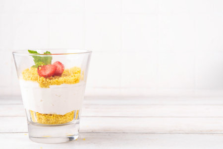 Classic cheesecake in glass, with fresh strawberry and golden cookie crumble. Layered cheesecake dessert with fresh strawberries on white wooden table copy spaceの写真素材