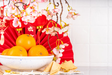 Chinese New Year theme background with copy space. Red fans, gold coins, tangerines, cherry blossoms, holiday golden branches, decor, wishes envelopes. gold dragon on white backgroundの写真素材