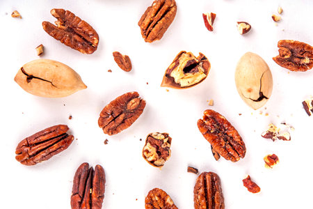 Pecans, peeled and shelled, whole and crushed into pieces. Candied caramelized and raw fresh pecans, autumn harvest, delicious snack, ingredient for baking, pies, cookiesの写真素材