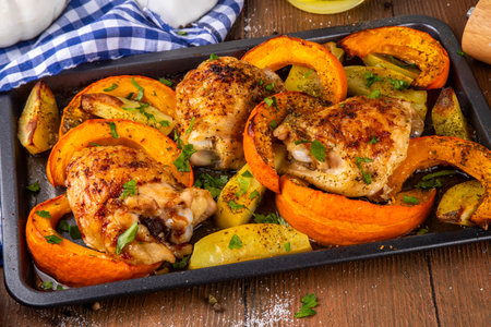 Roasted baked chicken thigh with pumpkin and potato wedges, garlic and aromatic herbs. Tasty autumn comfort food, ideas for Thanksgiving family dinnerの写真素材