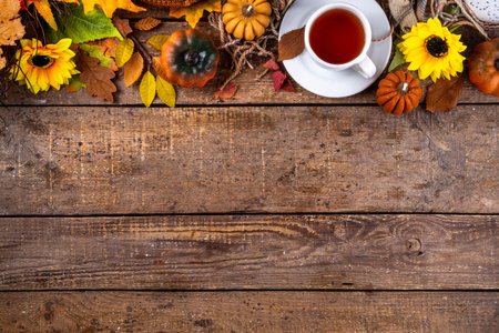 Cozy breakfast in fall season background, early autumn tea in garden, hot freshly baked brewed tea...
