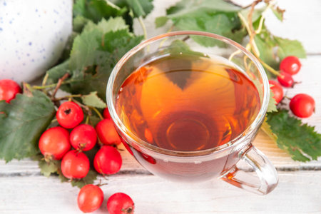 Fragrant autumn hawthorn berry tea. Herbal organic hot drink made from wild forest hawthorn berries,...