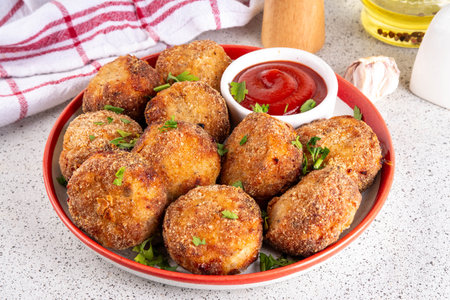 Homemade tasty airfryer made fish patties. Big plate of hot fish cutlets, with crispy crust, fried...