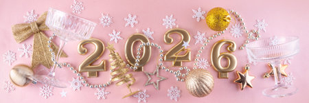 New year 2026 celebration greeting card background Gold numbers 2026 with golden party decoration,...
