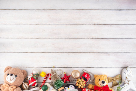 Children's Christmas, New Year, Sinterklaas, Saint Nicholas day holiday. Kids toys, teddy bears with gift wrapping, Christmas tree, holiday decor, Preparation for Christmas, toys sale backgroundの写真素材