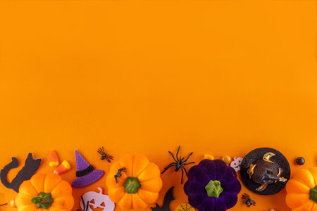Happy Halloween holiday background with colorful pumpkins and holiday symbols decor, spiders, witch hat, bat, black cats, ghost, candies, candy corn on bright background top view copy spaceの写真素材
