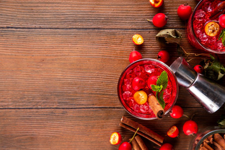 Sweet and sour fall seasonal alcohol hawthorn or rosehip cocktail, autumn berry mojito or margarita, spicy alcoholic drink with hawthorn or rosehip liquor, cinnamon, int crushed iceの写真素材