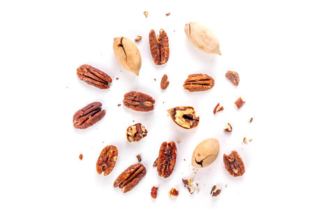 Pecans, peeled and shelled, whole and crushed into pieces. Candied caramelized and raw fresh pecans,...