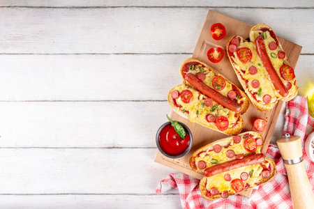 Tasty gourmet pizza dogs trendy viral combination recipe of hot dogs with hot sausage and pizza with tomatoes, cheese, jalapeno peppers, cherry tomatoes and herbs, with sauce on white wooden tableの写真素材