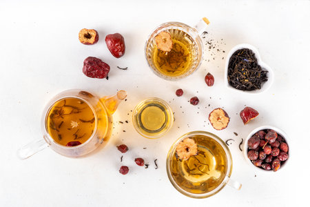 Korean Retinol Tea with jujube, green tea, asian herbs and rose, wellbeing healthy diet hot tasty tea drink for renewal anti-aging spa therapyの写真素材