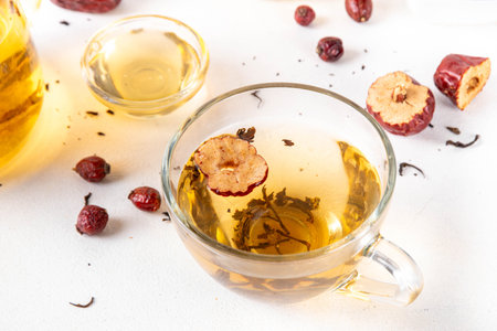 Korean Retinol Tea with jujube, green tea, asian herbs and rose, wellbeing healthy diet hot tasty tea drink for renewal anti-aging spa therapyの写真素材