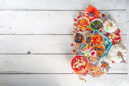 Set of Halloween sweets and candies. Various kids treats for Halloween - candy, cereal breakfast, sweets, with school lunchbox and bucket, flatlay copy space top viewの写真素材