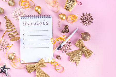 Notebook with New Year Resolutions message, with Christmas ornaments and decor. New Year goals List...