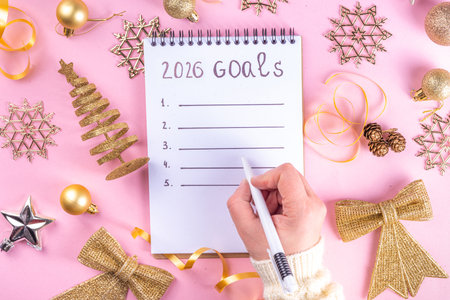 Notebook with New's Year Resolutions massage, with Christmas ornaments and decor. New Year goals List 2023, plan listing of new year beginnings goals and resolutions setting. Flat lay copy spaceの写真素材