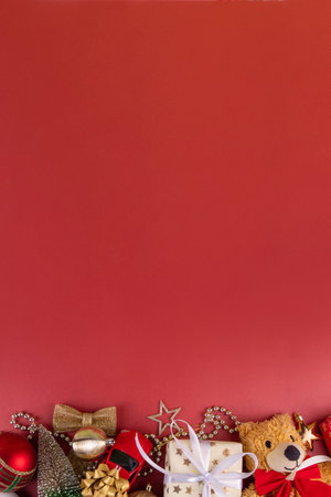 Children's Christmas, New Year, Sinterklaas, Saint Nicholas day holiday. Kids toys, teddy bears with gift wrapping, Christmas tree, holiday decor, Preparation for Christmas, toys sale backgroundの写真素材