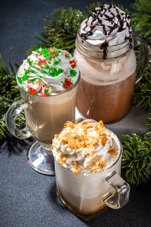 Autumn winter coffee latte set, Autumn winter coffee drink assortment with various topping -...