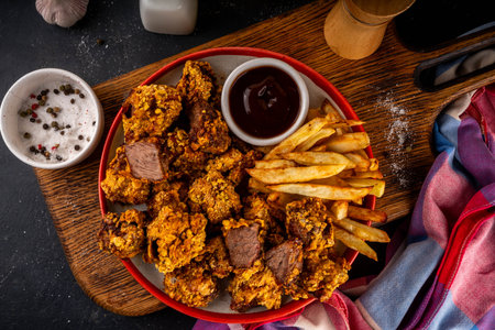 Beef Steak Nuggets Bites in crispy corn breading, cooked in an airfrier grill or oven. Healthy carnivore diet alternative nuggets. With barbecue sauce, spices and french fries potato chipsの写真素材