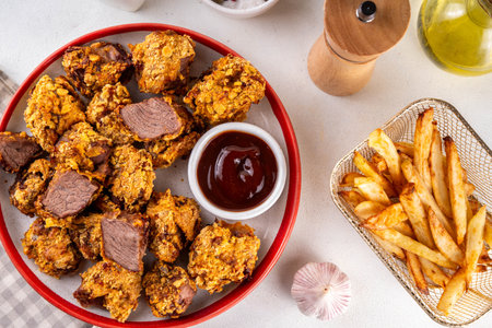 Beef Steak Nuggets Bites in crispy corn breading, cooked in an airfrier grill or oven. Healthy...