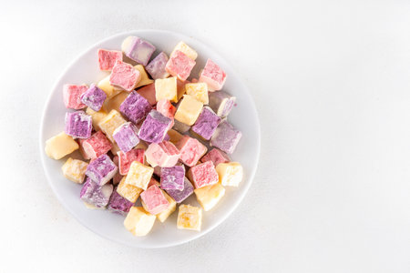 Colorful freeze dried yogurt with various fruit flavors. Homemade Frozen Dried Strawberry, Blueberry, Mango, Vanilla Yogurt Crunchの写真素材