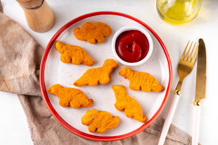 Tasty kids food, dinosaur shaped chicken nuggets. Plate with dino nuggets and sauce and vegetables, healthy and fun air fryied dino nuggetsの写真素材