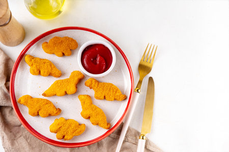 Tasty kids food, dinosaur shaped chicken nuggets. Plate with dino nuggets and sauce and vegetables, healthy and fun air fryied dino nuggetsの写真素材