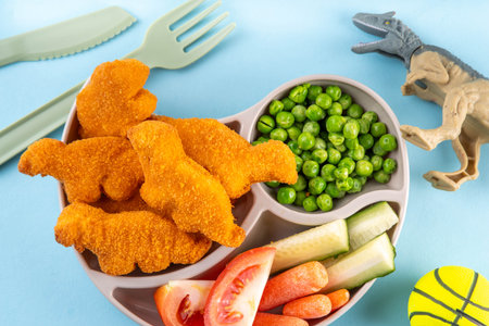 Tasty kids food, dinosaur shaped chicken nuggets. Plate with dino nuggets and sauce and vegetables, healthy and fun air fryied dino nuggetsの写真素材