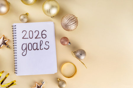 Notebook with New's Year Resolutions message, with Christmas ornaments and decor. New Year goals List 2026, plan listing of new year beginnings goals and resolutions setting. Flat lay copy spaceの写真素材