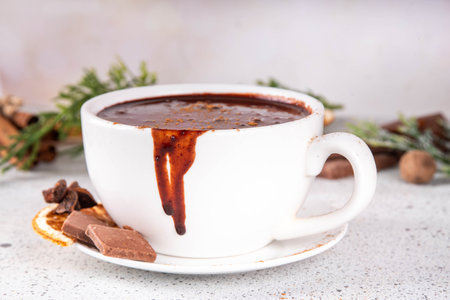 Traditional christmas hot chocolate drink cup with dried orange, cinnamon, anise, spices and...