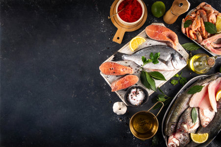 Variety raw fish and seafood background. Fresh fish, shrimps, mussels, caviar assortment flat lay, fish sale and market template,の写真素材
