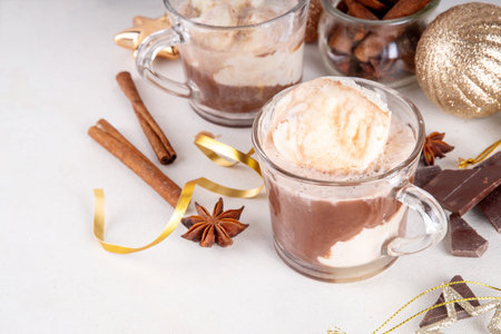 Affogato hot chocolate, on Christmas decorated background. Tasty hot chocolate or cocoa drink with...