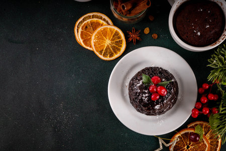 Traditional English Christmas pudding mug cake. Simple Christmas pudding recipe idea, made on tea mug with microwave, portioned Christmas pudding with sugar powder and cranberry festive decorの写真素材