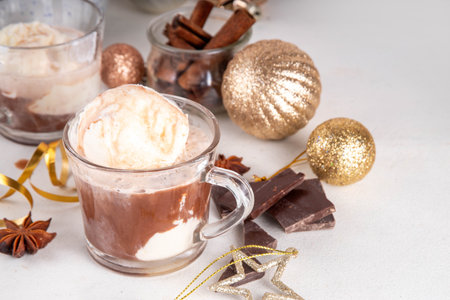 Affogato hot chocolate, on Christmas decorated background. Tasty hot chocolate or cocoa drink with...